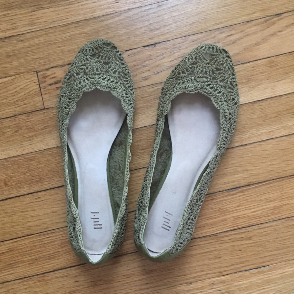 J. jill, olive green lace, slip on, flats.